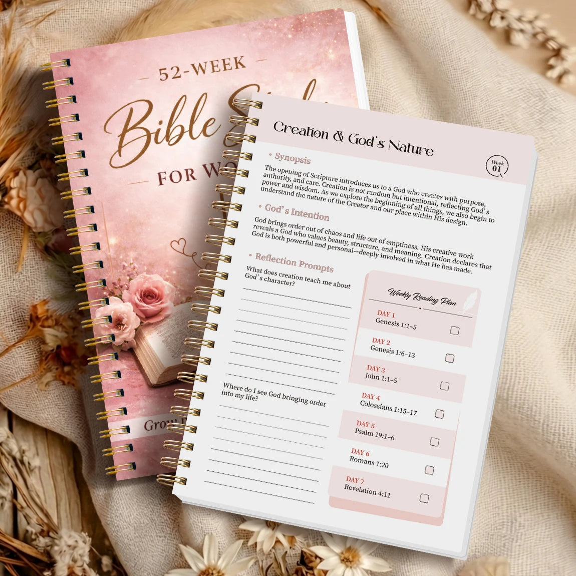52 Week Bible Study Journal, Pink Floral