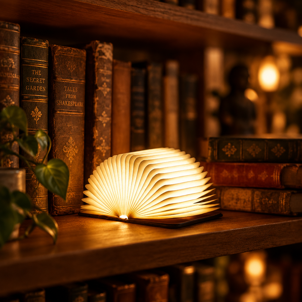 Storybook Folding Book Lamp adding a warm glow among books and decor